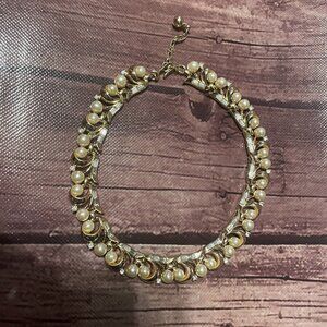 Trifari Gold Pearl Rhinestone Necklace Choker